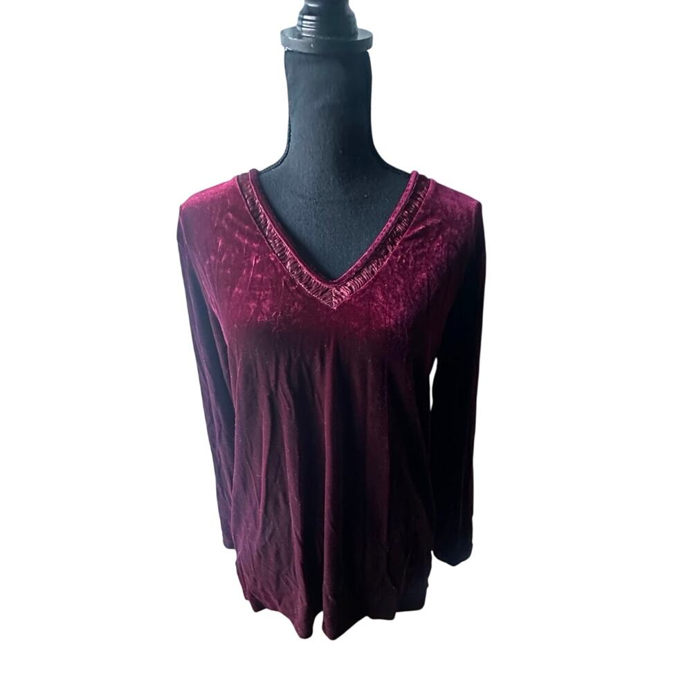 Liz Claiborne Burgundy Velvet V-Neck Long Sleeve Tunic Blouse